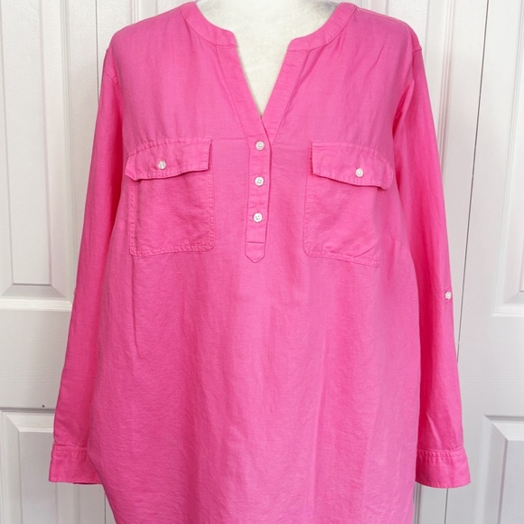 Talbots Plus Pink Linen V-Neck Popover Roll Tab Long Sleeve Shirt 2X - Picture 1 of 16